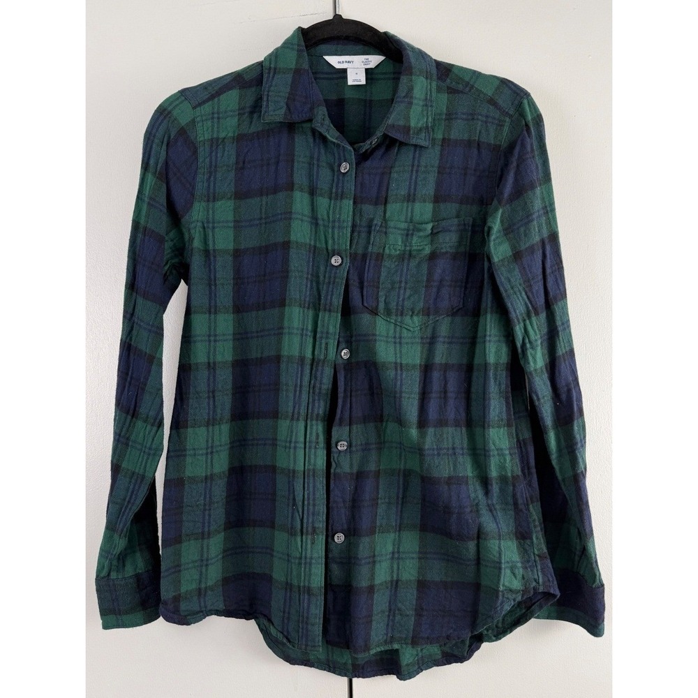 Old Navy Classic Shirt Womens Small Green Navy Black Plaid Flannel Button Up